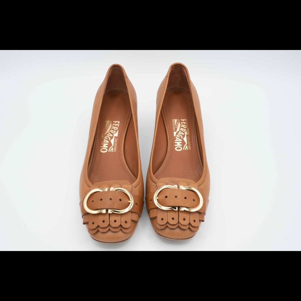 Salvatore Ferragamo Tan Elga Leather Fringe Pumps